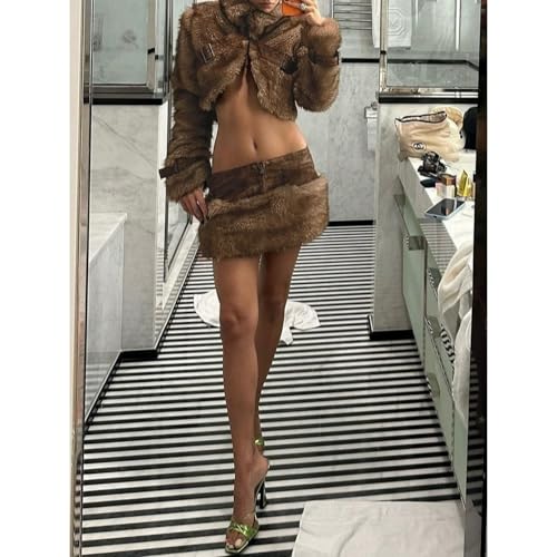 Brown Faux Fur Skirt Elastic Waist Zipper Front High Waist Slim Fit Elegant Winter Streetwear Mini Skirt4