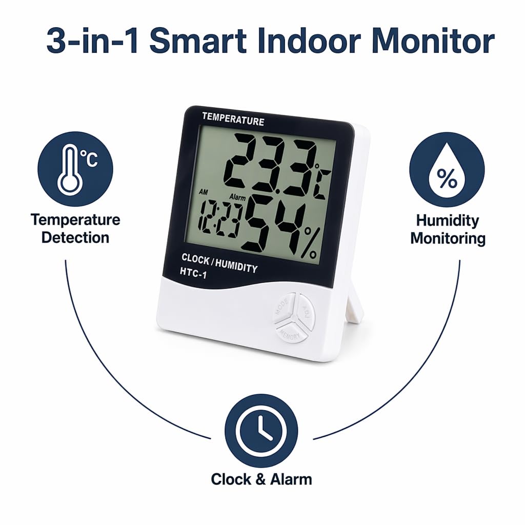 3 in 1 Smart Clock& Alarms with Temperature and Humidity Sensor, Large HD LCD Display,for Office,Bedroom, Plants Indoor.