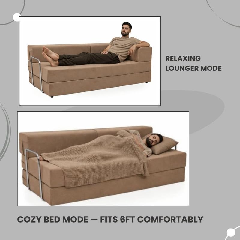 Image of Adorn India Easy Premium Modular 4 Seater Sofa Cum Bed | Velvet Suede Fabric | Colour Camel | Modern Design | Size 6x6 Fit | Comfortable for Seat & Sleep | Washable Cover | Perfect for Home & Office