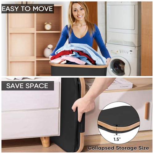 Image of BALEINE Laundry Hamper with Lid, Tall Laundry Baskets with Bamboo Pull Handles, Large Laundry Bin with Internal Support (26Gal /100L, Carbon Black)