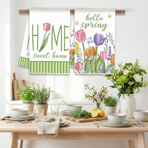 Image of FUTBU Spring Tulips Kitchen Towels, Hello Spring Dish Towels Set of 2 for Bathroom Decor, 18x26Inch Drying Dishcloth Farmhouse Holiday Home Sweet Home Decoration