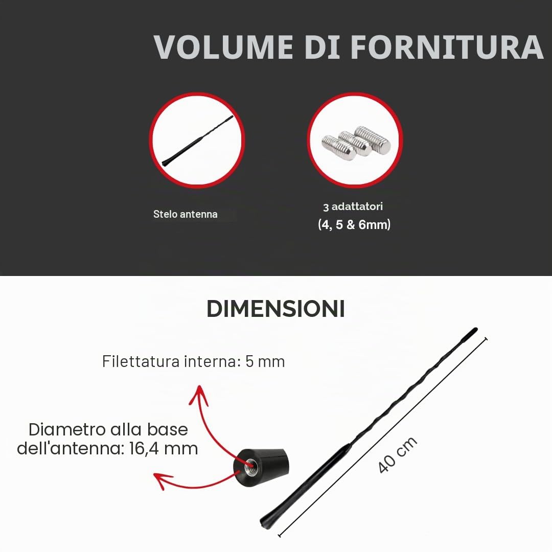 Audioproject A155 - Antenna-per-autoradio 40cm compatibile per: Toyota Aygo Opel Corsa Fiat Panda Suzuki Peugeot Cooper adapter universe antenna auto corta accessori