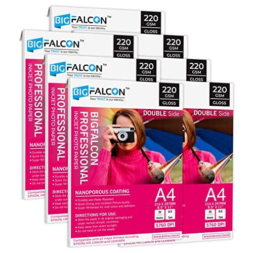 Image of BIGFALCON Professional A4 (8.5x11 inch) 220 GSM Double Sided Glossy Inkjet Photo Paper Premium Dual Sided Printing for Stunning Photos (Pack of 7-140 Sheets)