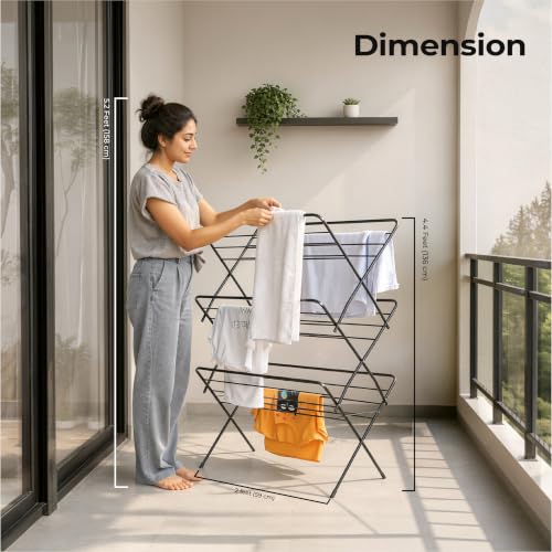 Image of Lifelong Foldable Alloy Steel Cloth Drying Stand for Balcony|3-Tier Heavy Duty Laundry Rack for Indoor & Outdoor|Portable Standing Clothes Dryer with Anti-Slip Feet|Space Saving Steel Rack for Home