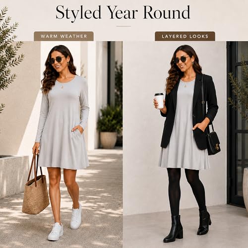 Image of Miss Lavish London Women's Long Sleeve Swing Dress with Pockets Relaxed Fit Soft Casual Dress