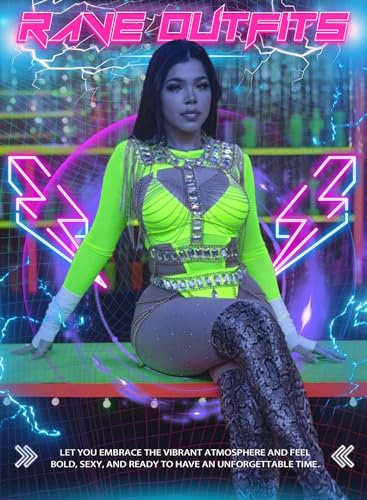 Rave Outfits for Women - EDC Festival Neon Bodysuit Concert Swimsuit Mesh Buckle Crop Top Club Party 2 Pcs Set2
