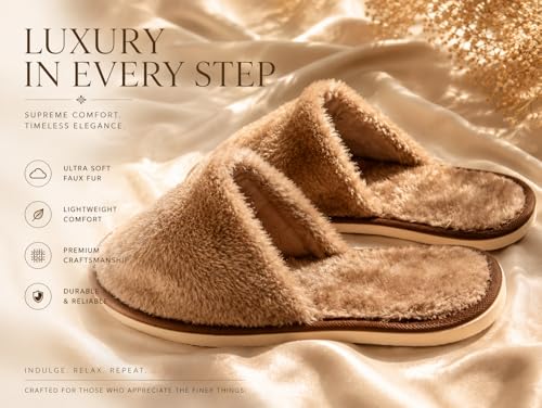 Image of Galaxy Fashion Point LUXORIA Ultra Soft Faux Fur Slippers for Women & Men | Fluffy Warm Indoor House Slippers | Lightweight Anti-Slip Cozy Bedroom Home Footwear | Premium Plush Winter Comfort Slides (Beige Brown)