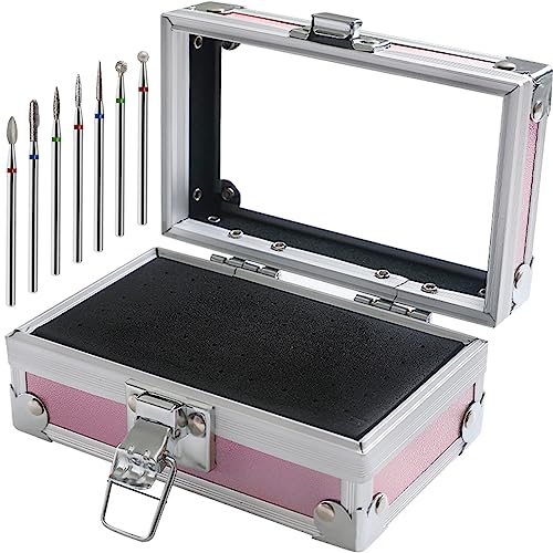 OLizee® 50 Holes Nail Drill Bits Holder with 7 Drill Bits Metal Nail Drill Tool Box Pink Nail Drill Bits Case Nail Drill Bits Organizer for Women Girls