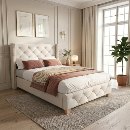 PUGSDRLY Lit 90x200 avec Sommier à Lattes,Lit 1 Place avec Tête Capitonné,Tissu de Lin,Design Rivets,Pieds en Bois,pour Enfant Adolescent Adulte,sans...