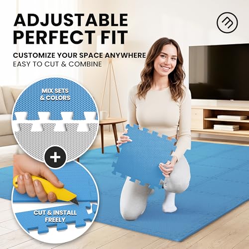 Image of bemaxx Gym Mats Set - 18 pcs EVA Interlocking Foam Floor Tiles (12.6 inchx12.6 inchx0.4 inch) 18sqft Protective Gym Flooring Sports Home Workout Exercise Mats Puzzle Garage Fitness Play-Room Pool Treadmill Bike