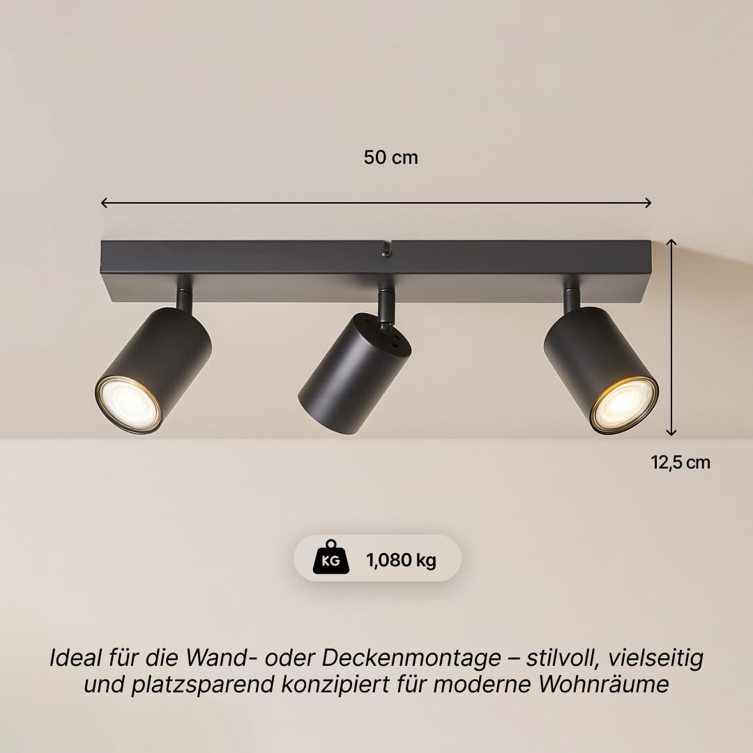 Brilliant Jello LED Spotbalken 3-flammig – Deckenleuchte aus Metall in Schwarz matt mit schwenkbaren Köpfen, inkl. 3× LED GU10 (350 lm, warmweiß), dimmbar, IP20