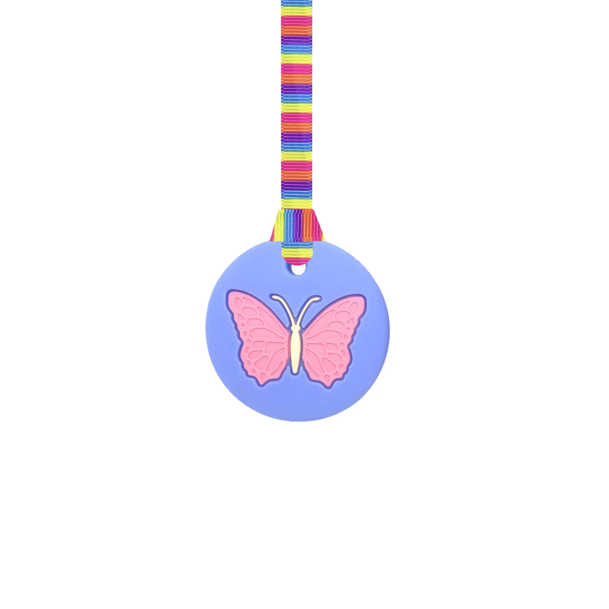 Butterfly Chew Necklace with Lanyard - Blue - Sensory Chew for Kids with Autism, Anxiety & ADHD – 100% Food Grade Silicone - Sensory Oojamabobs (8 Designs Available) (Pink Stripes, 54cm Lanyard)