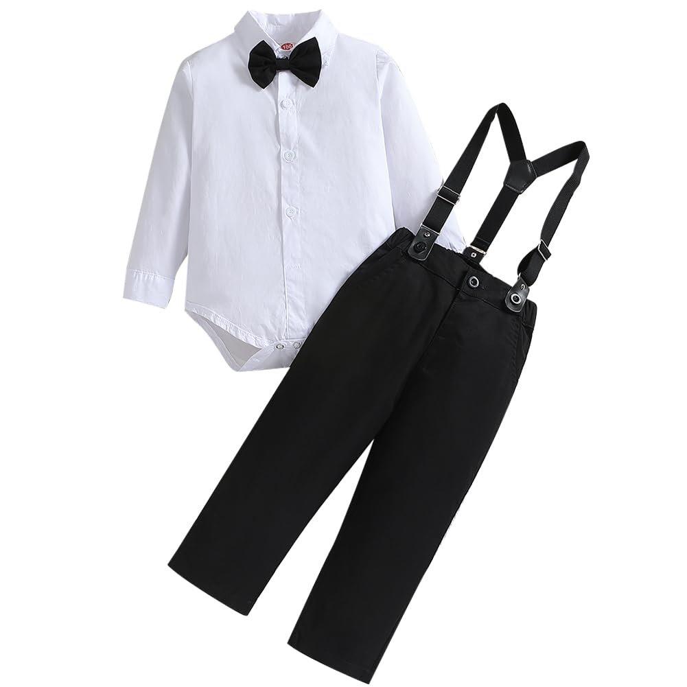 IDOPIP Baptism Christening Outfits for Boys Baby Clothes Sets Toddler Boy Gentleman Outfits Bow Tie Romper Shirts Suspenders Pants First Birthday Formal Wedding Party Dress Suits Black 12-18 Months