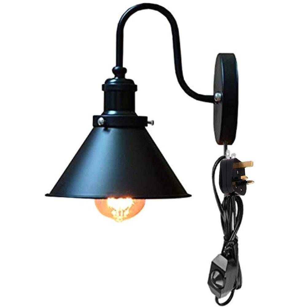 Fsliving Dimmable Vintage Plug-in Wall Sconce 1 Light Fixture E27 Lamp Holder Inline Button Switch Black 180cm Cord Wall Lamp for Bathroom Dining Room Kitchen Bedroom(Bulb Sold Separately)