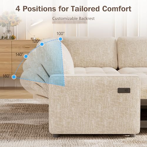 Image of Vipbear 85 Inch Modular Sectional Sofa with Pull Out Bed, Chenille L Shaped Sectional Sofa with USB Ports /Reclining Backrest /Storage Seats, Tool-Free Assembly, Sofa Couch for Living Room Begie