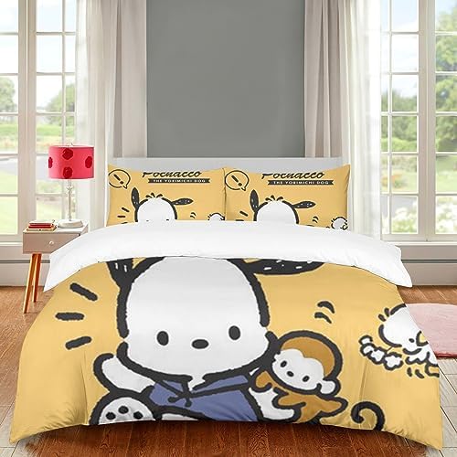 RODES Pochacco Comforter Set for Girls Boys Kawaii Puppy Bedding for Kids Cartoon Anime Dog Pattern Bedding Set Twin Size Bedroom Decor (1 Comforterr + 2 Pillowcases) Soft Lightweight