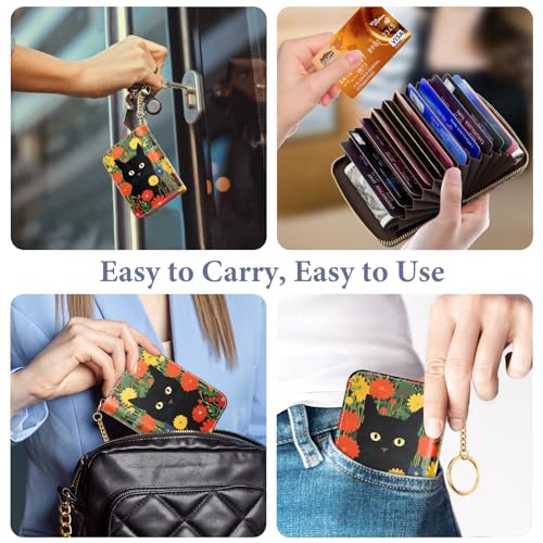 Image of Credit Card Holder RFID Wallet for Women, Small Leather Card Organizer Case with Zipper and Keychain, pussycat