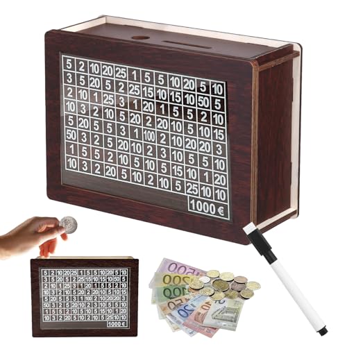 JWDMHSJ Spardose aus Holz spardose mit zähler sparbox mit Zahlen ankreuzen sparschwein aus Holz mit zähler Wiederverwendbare Spardose für Erwachsene und Kinder mit Sparziel (1000)
