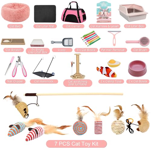 36-teiliges Premium-Kätzchen-Starter-Set für Indoor-Katzen – komplettes Katzen-Essentials-Set mit Edelstahl-Katzentoilette, Tragetasche, Bett, Spielzeug, Matte und Zubehör