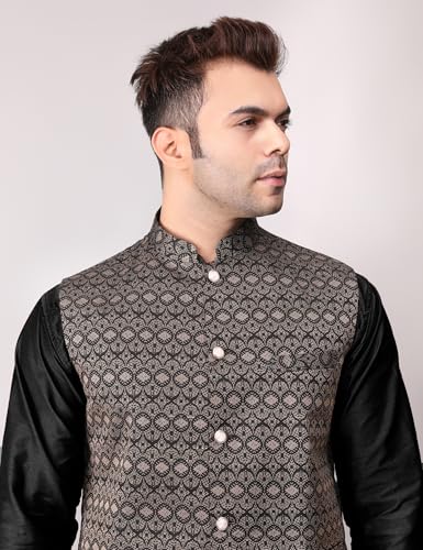 Image of Men's Cotton Silk Blend Regular Kurta Pyjama, Embroidered Nehru Jacket /Waistcoat Set