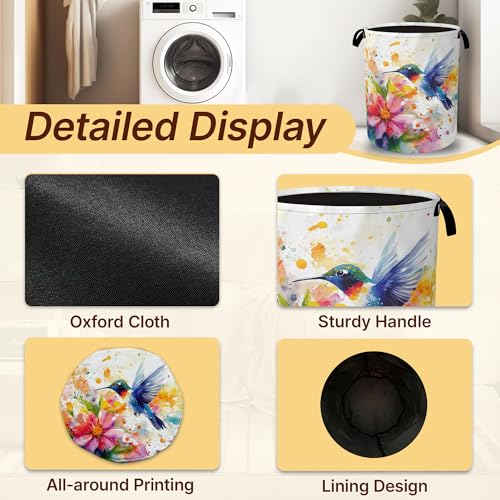 Hummingbird Laundry Basket Collapsible with Handles,Watercolor Flower Waterproof Oxford Cloth Hamper,16 x 20.8 Inch Storage Organizer for Bathroom Bedroom Dorm by ICRICR - Used condition - Image 3