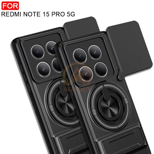Image of Redmi Note 15 Pro 5G Back Cover | Armor Camera Slider 360 Degree Rotating Finger Ring Holder Case with Bracket Stand Back Case Cover (Compatible with MagSafe Accessories) (Black)