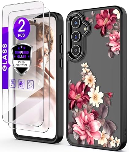 for Samsung Galaxy A55 5G Case+Tempered Glass Screen Protector,Military Grade Protective Slim Soft TPU & Hard PC,Girls Women Crystal Clear Flower Pattern Case Cover for A55 5G-Black