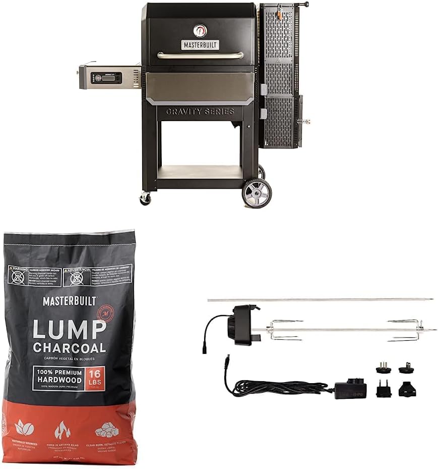 Masterbuilt MB20041220 Gravity Series 1050 Digital Charcoal Grill & Smoker Combo - Black; Includes MB20091621 Lump Charcoal (16 Pound) & MB20091220 Gravity Series Grill Rotisserie Kit