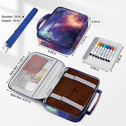 FINPAC Large Bible Cover w/Shoulder Strap, Carrying Book Case Church Bag Bible Protective w/Pen Slots and Zippered Pocket, Gift for Women Lady, Galaxy