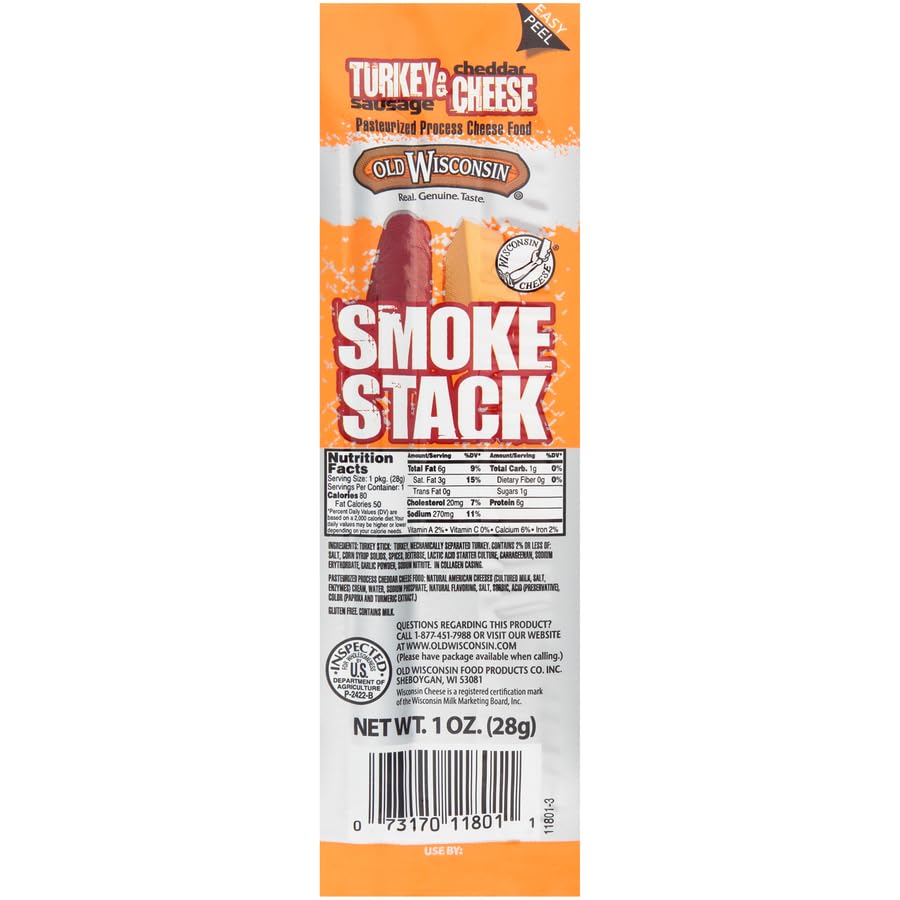 Old Wisconsin Turkey Sausage and Cheddar Cheese Stick Snack, Gluten Free, 64 Count, 1 oz Each - High Protein, All Meat Snack