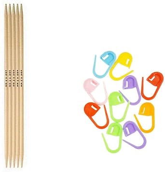 addi Knitting Needles DPN Double Pointed Natura Bamboo 6 inch 15cm Set of 5 Size US 02 3.0mm with 10 Colorful Stitch Markers