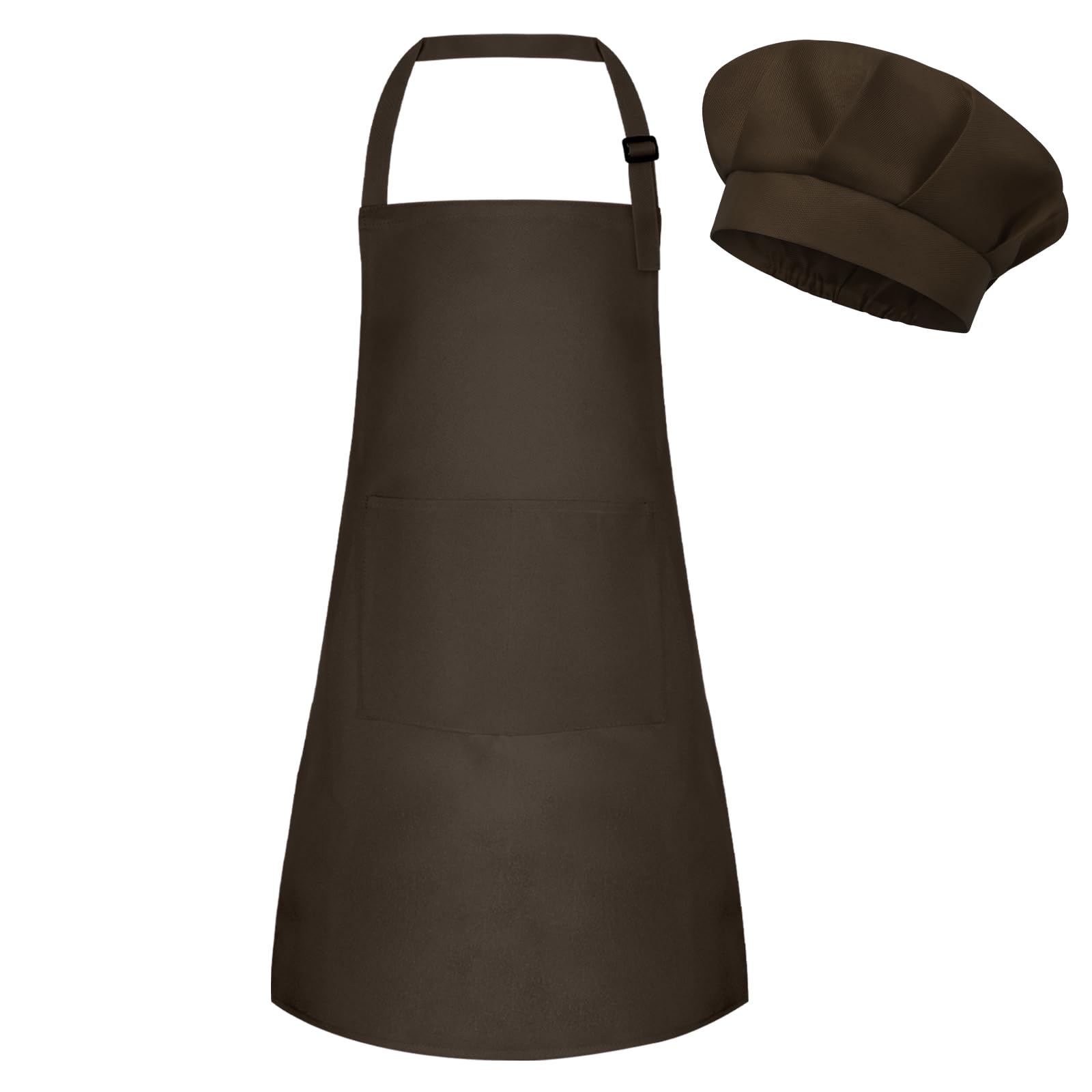 BOUBONI Kids Apron and Chef Hat Set Adjustable Child Art Aprons with 2 Pockets Toddler Chef Hat and Apron for Cooking Baking Painting (Brown)