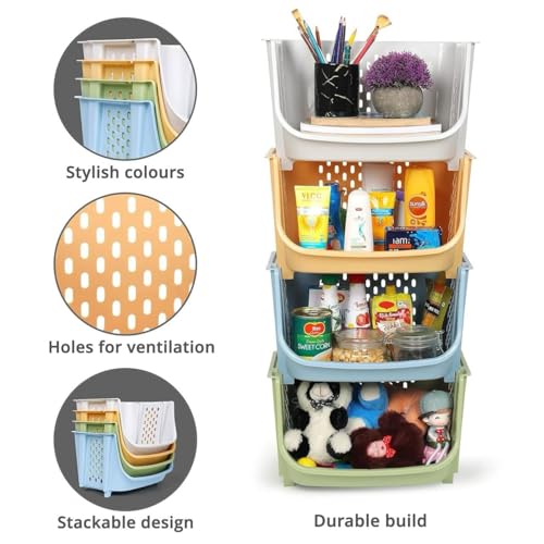 Image of Multipurpose Plastic Basket Storage Rack with Wheels - Stackable Organizer Shelf (Pack of 3)