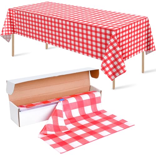 Red And White Plastic Checkered Tablecloth Roll 54Inch X 100Ft, Premium Decorative Disposable Red Picnic Gingham Plaid Table Cloths For Parties, Party Table Cover For Picnic Farm Birthday Wedding
