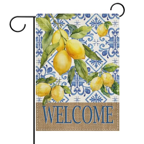 Dyrenson Welcome Italian Capri Blue Lemon Decorative Garden Flag, Amalfi Coast Citrus Italy Tile Pattern Yard Outside Home Decoration, Summer Mediterranean Outdoor Small Decor Double Sided 12 x 18