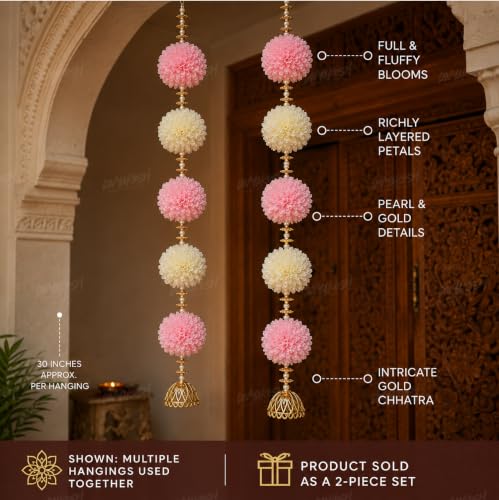 Image of DivyaKosh Floral Hanging Toran for Door & Wall Decor, Pack of 2, 36 Inch, 6 Flower, Pink Ivory, Pearl Beads & Golden Chhatra, Festive Home Decor