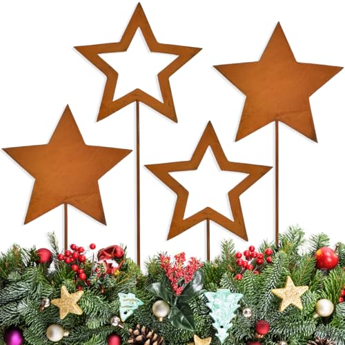 Huucozn 4er Set Gartenstecker rost deko Weihnachten Rostige Sterne...