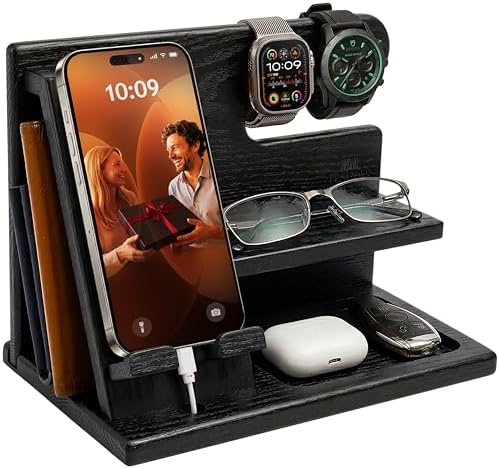 Teslyar Dad Gifts Wood Phone Docking Station – Wooden Desk Organi...