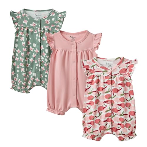 Image of Minicoco 3-pack 100% Cotton Baby Girl Rompers, 0-24 months Ruffle Sleeve Toddler Romper Summer Clothes Set