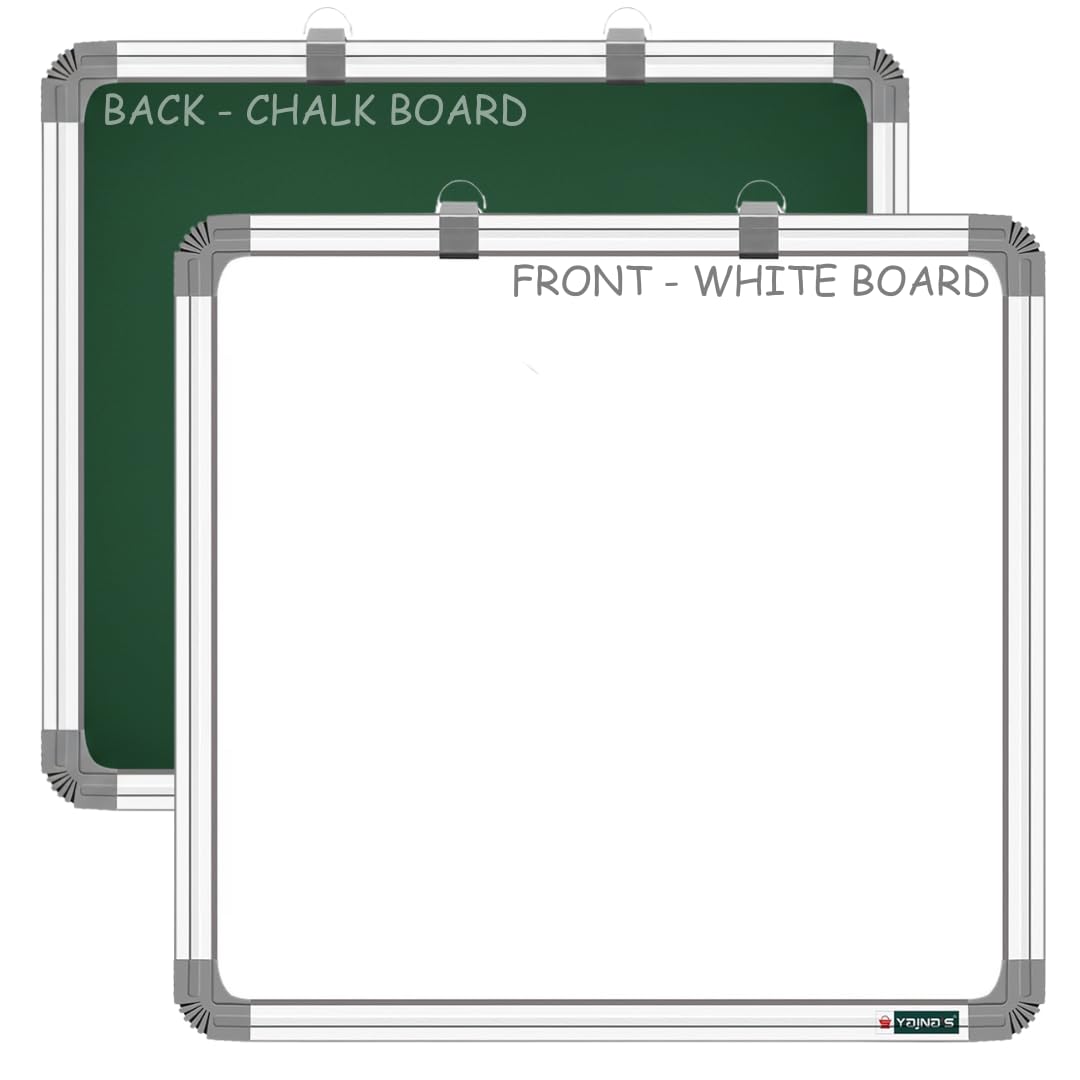 Non Magnetic (60CM x 60CM) 2X2 Feet Double Sided White Board and Chalk Board Both Side Writing Boards, one Side White Marker and Reverse Side Chalk Board Surface - Set of 1