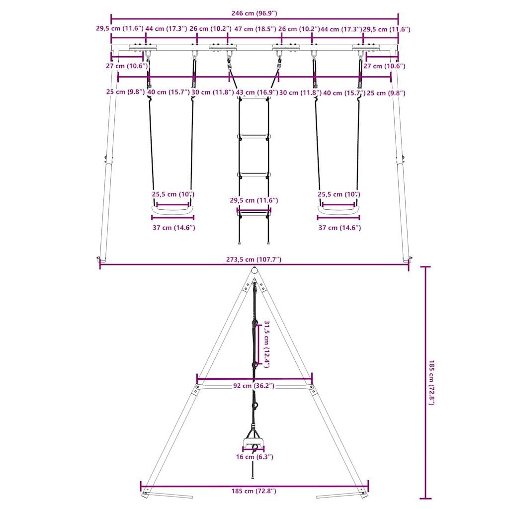 Juego de 2 columpios y escalera de tejer, estructura de acero lacado, 273,5 x 185 x 185 cm, juguete de jardín para niños, zona de juegos en el jardín, promueve la motricidad y el movimiento