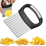 FANTEXY Crinkle Cutter for Veggies, Stainless Steel French Fry Cutter for Potatoes Cucumbers Carrot, Crinkle Cut Knife Wavy Chopper Waffle Fry Cutter, Black