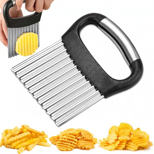 FANTEXY Crinkle Cutter for Veggies, Stainless Steel French Fry Cutter for Potatoes, Cucumbers, Carrots - Wavy Chopper, Waffle Fry Maker