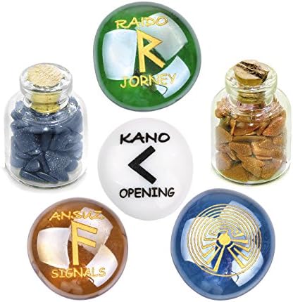 Ancient Runes Journey Raido Kano Ansuz Focus Inspirational Amulets Glass Stones Goldstone Bottles Set