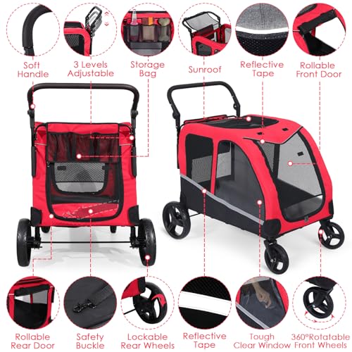 Image of Saudism Dog Stroller for Large & Medium Dogs (up to 160lbs), Pet Stroller for 2 Small Dogs, Extra Large Heavy Duty, Dog Wagon Foldable & Adjustable Handle with Pocket, Red