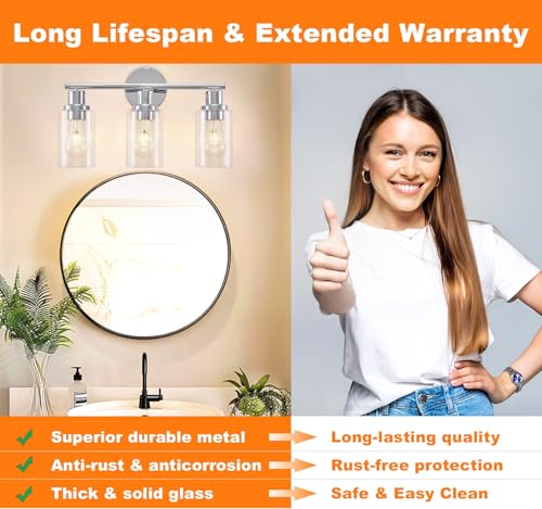 Image of DLLT 3-Light Bathroom Light Fixtures: Chrome Modern Vanity Lights with 3 E26 Bulbs - Clear Glass Shade Bathroom Wall Lamp for Mirror Kitchen Living Room Hallway Cabinet Porch