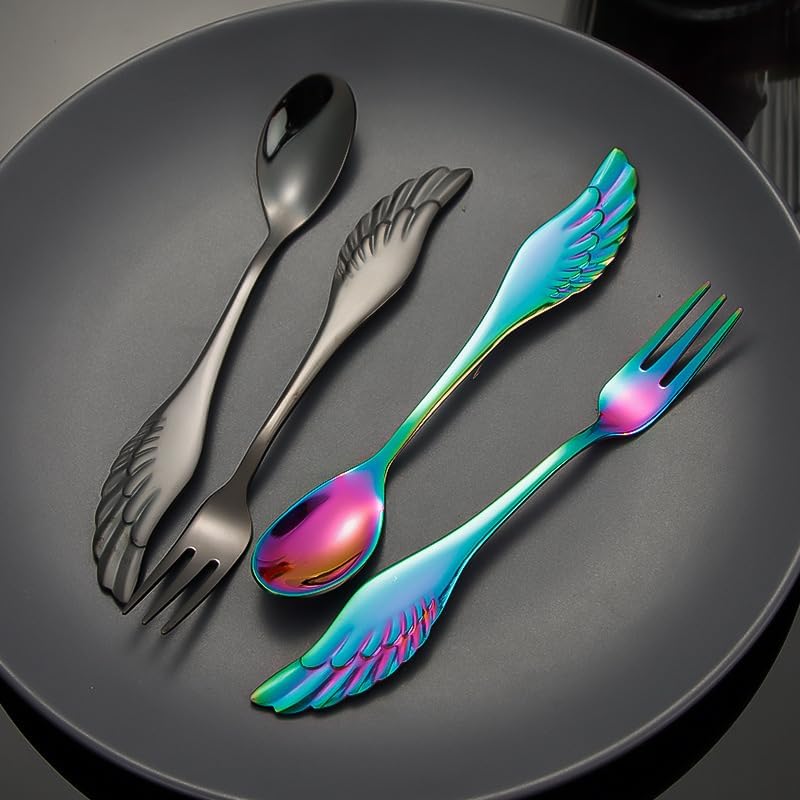 Silverware Set, 1/4/6/8pcs Creative 304 Stainless Steel Wing Handle Spoon Household Spoon Fruit Dessert Fork Stirring Spoon, Home Cutlery Flatware Set(Black Gold,8 Pieces)
