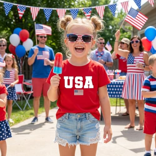 Image of Toddler Girls 4th of July T-Shirt American Flag Popsicle Print Cotton Kids Boys Independence Day Tees