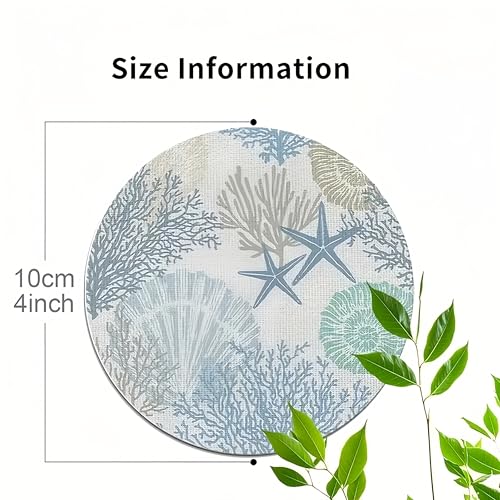 Image of 6pcs Coral Wooden Coaster Set- 4inch Round with Starfish and Patterns, Suitable Hot and Cold Beverage, Coffee Table Decoration, Home Housewarming, Ocean Theme Decoration, Surface,