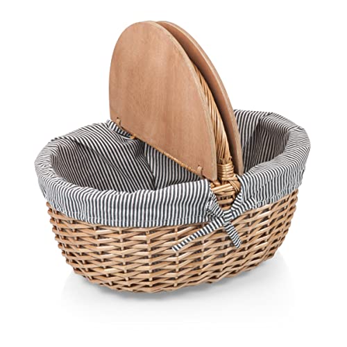 Picnic Time - Country Vintage Picnic Basket With Lid - Wicker Picnic Basket For 2, (Navy Blue & White Stripe) #TOP3